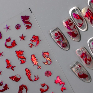 Red laser gold bronzing ocean mermaid nail stickers with seashell and starfish patterns