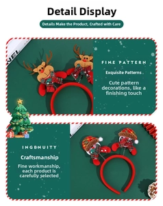 Detail of Christmas headband with reindeer and snowman plush figures on a festive red band