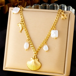 Stainless Steel Gold Plated Ocean Theme Pendant Necklace Shell Dolphin Turtle Irregular Artificial Baroque Pearls Women Beach Style