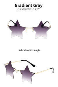 Macro detail of rimless star-shaped sunglasses with gradient grey lenses and gold frames