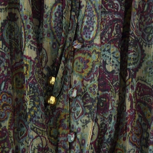 Detail of metallic thread chiffon dress featuring paisley patterns and fabric buttons