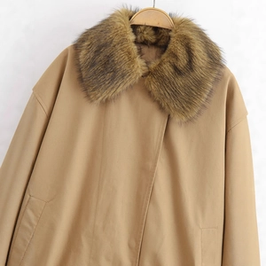 Khaki mid-length jacket featuring a large detachable brown faux fur collar and side pockets