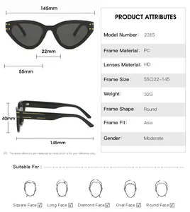 Size chart showing 145mm frame width and face shape guide for cat eye sunglasses