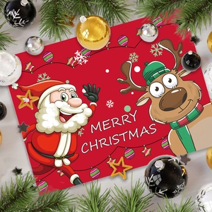Festliches Tischset mit Weihnachtsmann und Elch-Motiv auf grauem Holzhintergrund