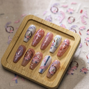 Classic Chinese style press-on nails featuring peony, crane and calligraphy patterns