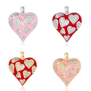 Copper heart pendants with zircon and enamel in four color styles for DIY jewelry
