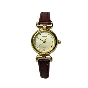 Elegant gold quartz watch for women with beige rhinestone dial and brown leather strap