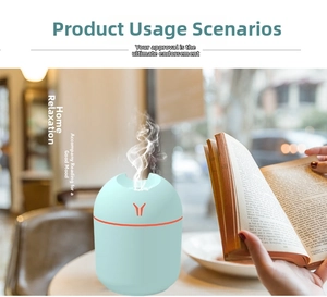 Detail shot of a mint green portable USB humidifier in a cozy home library setting