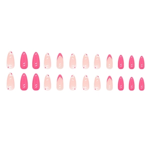 24pcs pink and white almond press-on nails with cute flower patterns and French tips