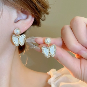 Elegant gold plated butterfly stud earrings with pearls and zircon for women