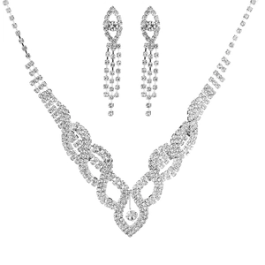 Exquisite silver bridal jewelry set with V-shaped rhinestone necklace and tassel earrings