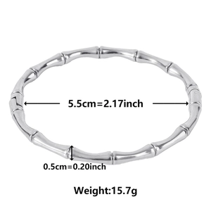 Detailed view of silver bamboo pattern steel bracelet with specific dimensions and weight