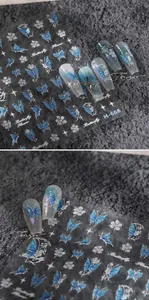 Detail of M-668 nail art sticker with blue laser butterflies and white flower patterns