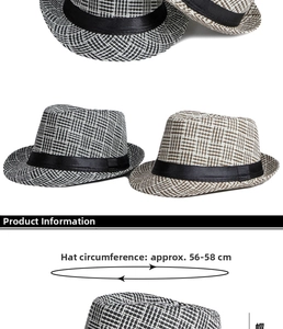 Detail view of woven fedora hat showing 56-58cm head circumference measurement