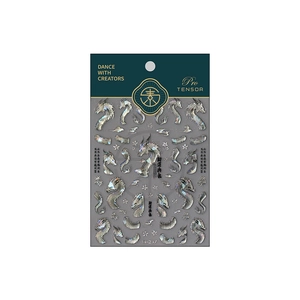 5D holographic silver dragon nail art stickers with traditional cloud patterns on green card