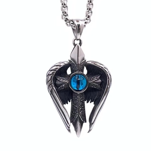 Retro titanium steel cross necklace with angel wings and blue cat eye stone pendant