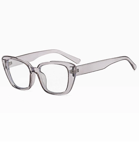 Detailed side view of transparent grey square cat-eye glasses frame with blue light filter
