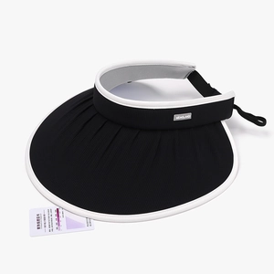 Foldable black sun visor hat with wide brim, UV protection card, and breathable mesh lining