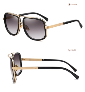 Detail view of large frame sunglasses showing the 45-degree side and back with metal temples