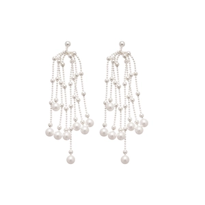 Elegant silver tassel earrings with layered zircon waterdrop pearls on white background