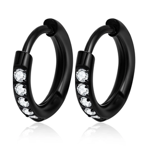 Classic black stainless steel hoop earrings with five clear cubic zirconia stones and reflection