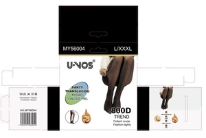 Detail view of 800D thermal tights packaging showing black translucent effect and material
