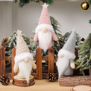 Christmas Gnome Faceless Doll Ornament With Knitted Pointed Hat Glitter Star Long Faux Fur Beard Desktop Decoration