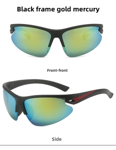 Front and side views of black outdoor sports sunglasses with gold mercury lenses