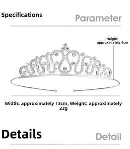 Spécifications de taille pour diadème en cristal argenté, hauteur 4cm et largeur 13cm