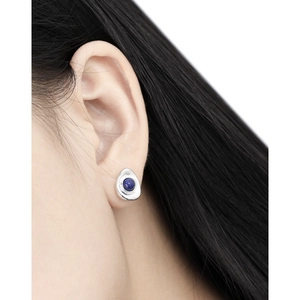 Minimalist S925 sterling silver geometric oval stud earrings with inlaid blue lapis lazuli