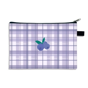 Waterproof purple plaid strawberry pouch with blueberry print and secure zipper