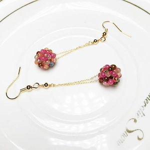 14K gold plated long ear threads with handmade pink purple crystal woven ball pendants
