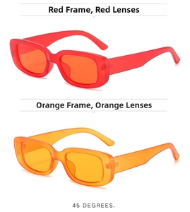 Detailed 45-degree view of retro rectangular sunglasses in matte red and orange finishes