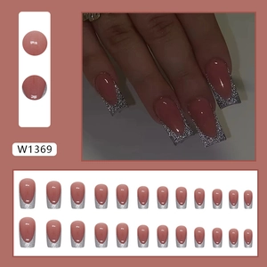Long square nude pink press-on nails with silver glitter French tips for women
