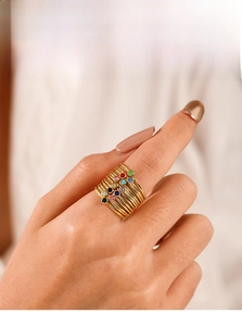Detailed view of a gold-plated multi-layer ring featuring colorful rainbow zircon stones