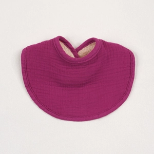 Close-up of deep purple cotton gauze baby bib featuring ultra-absorbent crinkle fabric