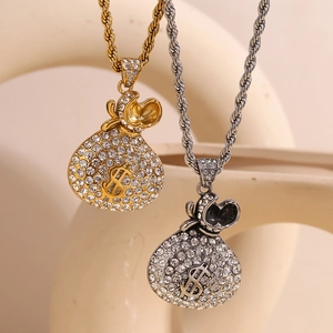 18K gold and silver money bag pendants with pavé rhinestones on twist chains for men