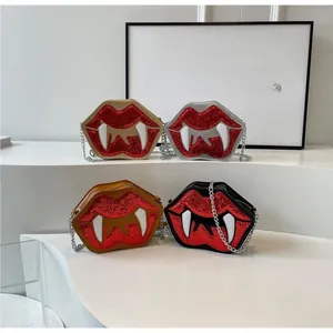 Glittery vampire lip crossbody bags in gold, silver, brown, and black with chain straps