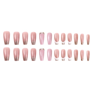 French gradient glitter press-on nails with rhinestones in long coffin shape set