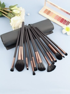 Detailed 12pcs makeup brush set with rose gold ferrules and grey leather storage bag