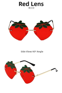 Detailed front and 45-degree side view of novelty strawberry shaped sunglasses with red lenses