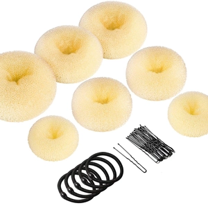 Beige sponge bun makers with black U-shaped hairpins and elastic bands styling kit