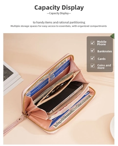 Pink lychee texture long wallet with multiple card slots and phone pocket detail