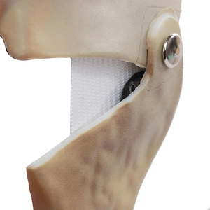 Detailed close-up of realistic latex texture and silver metal rivet on the skull mask strap