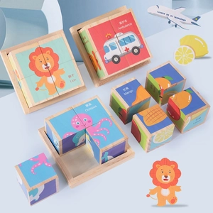 3D wooden block puzzle for toddlers featuring bilingual animal and fruit learning designs