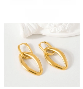 Detail view of 18K gold plated 316 stainless steel earrings with irregular geometry