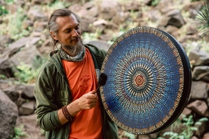Detail of blue mandala pattern on handmade shamanic drum with mallet in outdoor nature setting
