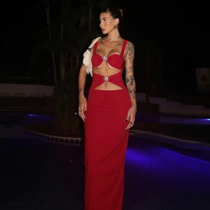 Sexy red cutout mermaid maxi dress with halter neck and star rhinestone buckles
