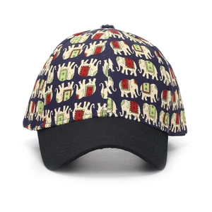 Fashionable baseball cap featuring white elephant patterns and a solid black brim