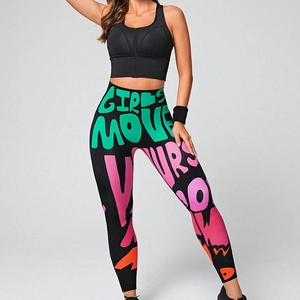 Women Yoga Leggings Graffiti Letter Print High Waist Seamless Tummy Control Athletic Fitness Gym Pants Bottom